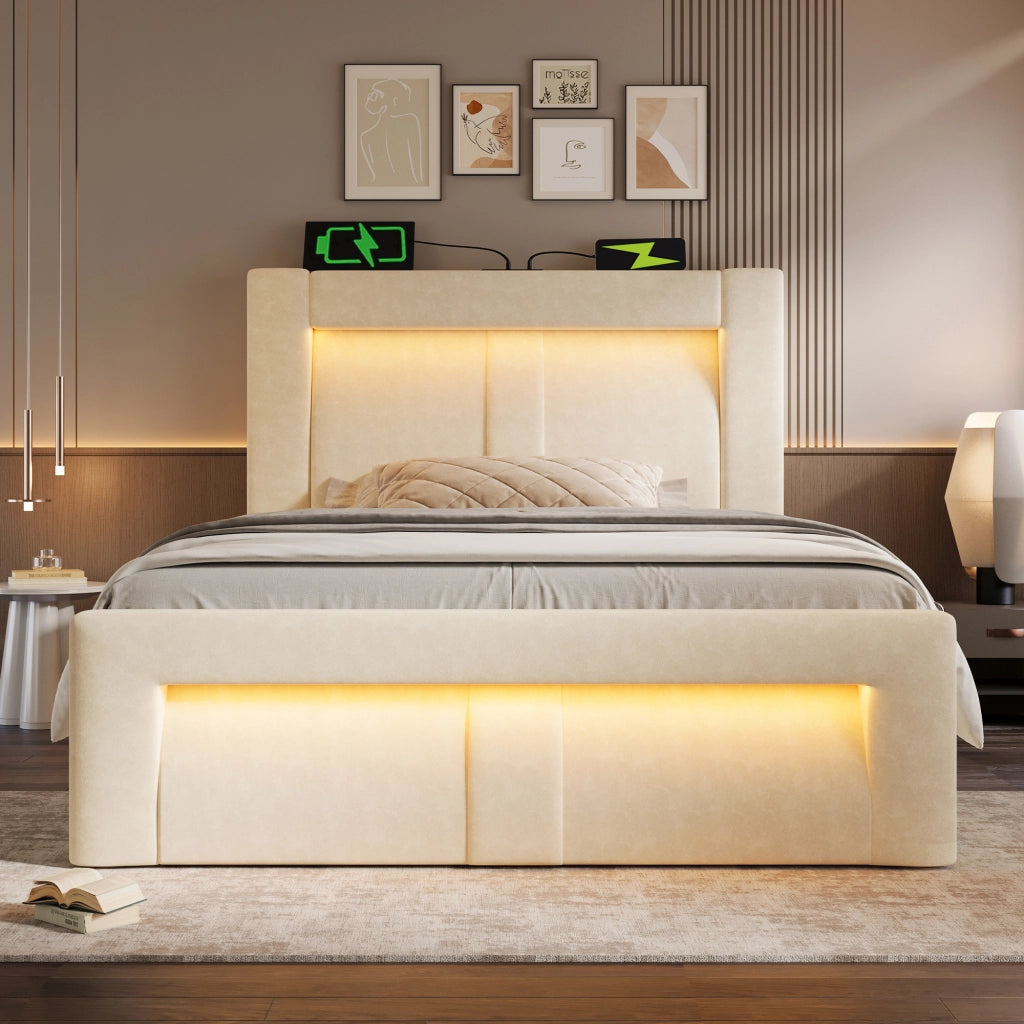 OKWISH Letto contenitore 90×200 cm, Letto Singolo con Contenitore, LED regolabile, USB, Tipo C, senza Materasso, Velluto, Beige