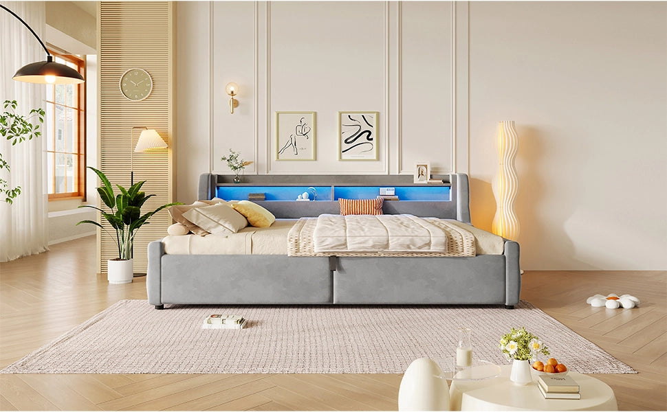 DESMIU Letto con contenitore 140 × 200 cm 2 posti con LED e spazio, senza materasso, in flanella, grigio
