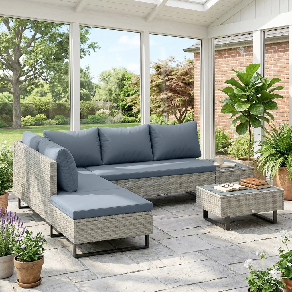 Set da giardino angolare in polyrattan 5 posti con divano letto e tavolo ¨C zephmum ¨C grigio