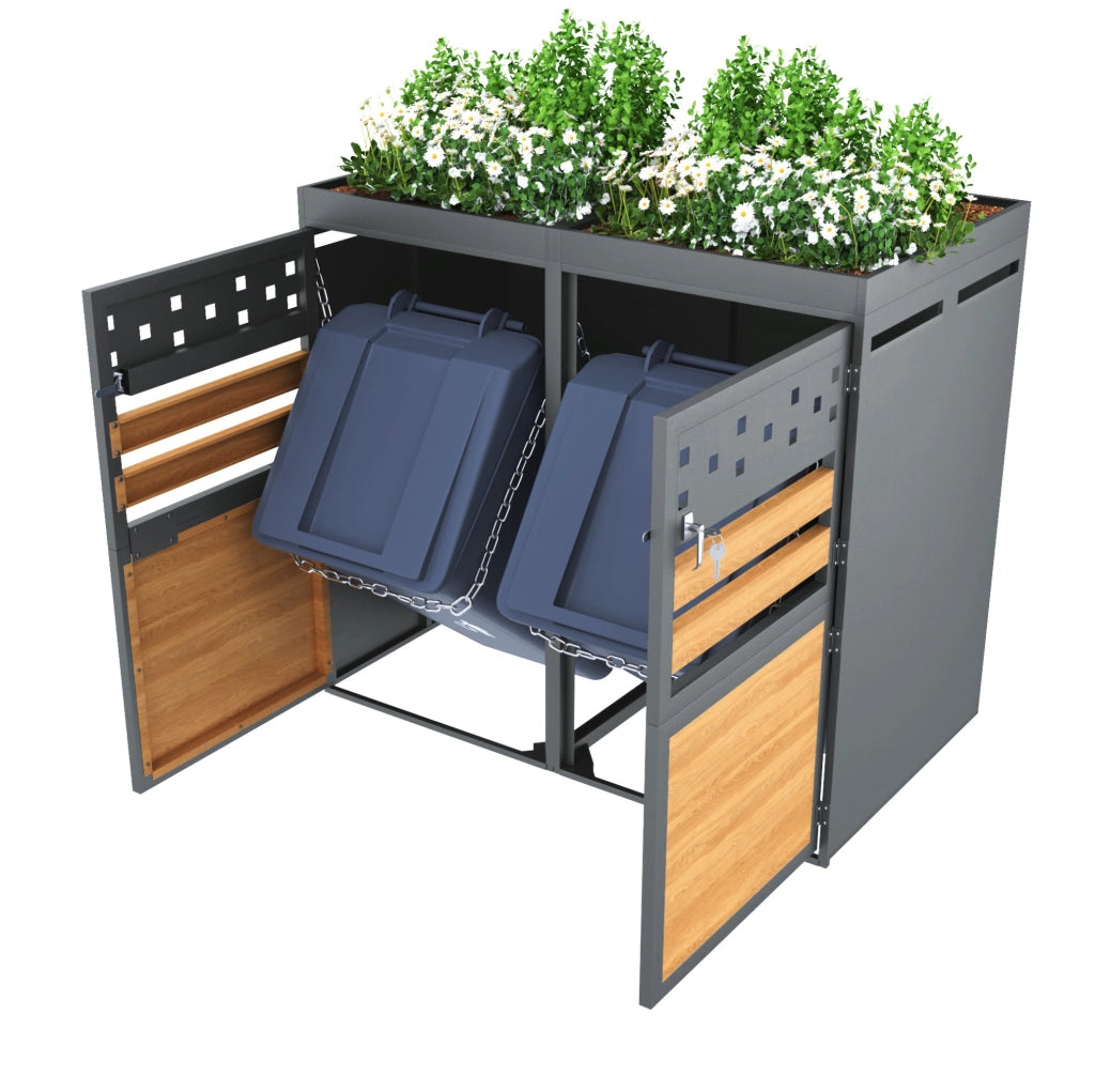 Box per bidoni rifiuti per 2 bidoni da 120-240 litri con tetto fioriera in metallo grigio naturale