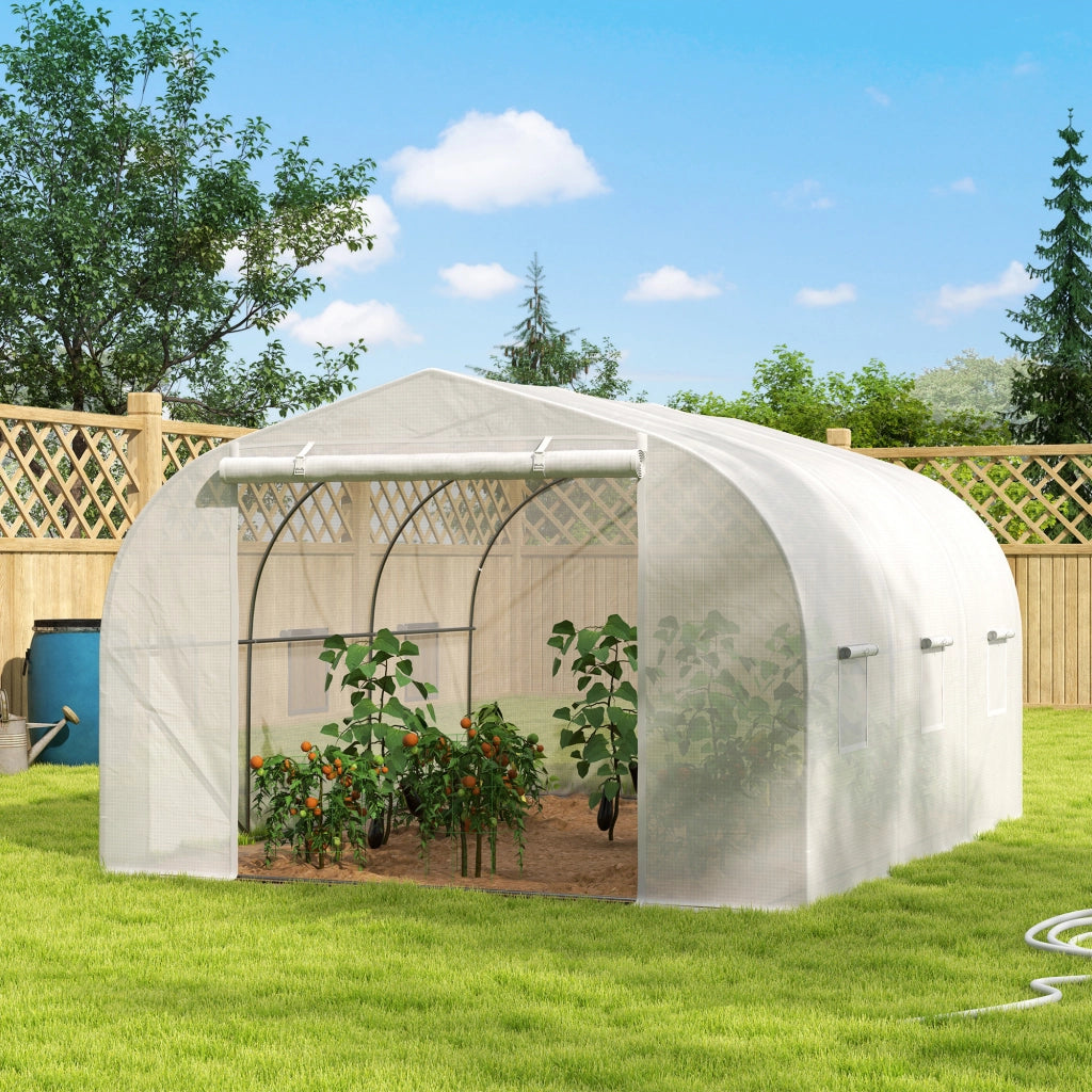 Serra da Giardino a Tunnel con 6 Finestre e Porta a Rullo ¨C zephmum ¨C Bianco, Acciaio e PE, 3.5x3x2 m