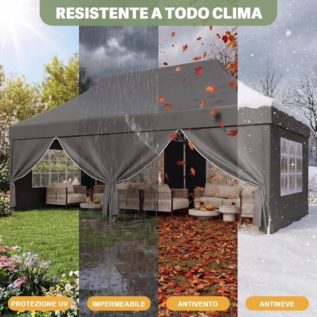 Gazebo 3x6 Pieghevole con Pareti Laterali, Gazebo con Altezza Regolabile, Telo in Tessuto Oxford Impermeabile, Tenda Robusta e Duratura per Matrimoni, Esterno, Giardini e Feste, Grigio
