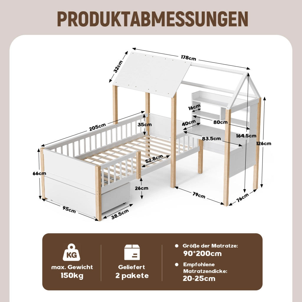 LETTO per bambini L 90x200 cm Bianco in legno massello e MDF con scrivania e libreria