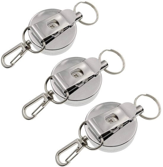 Sistema di appoggio per chiavi intercambiabile - 3 x Appoggio per chiavi con corda - Riemclip - Catena di acciaio per chiave - Attacco a cinghia - Corda di acciaio estendibile - Appoggio per chiave in acciaio