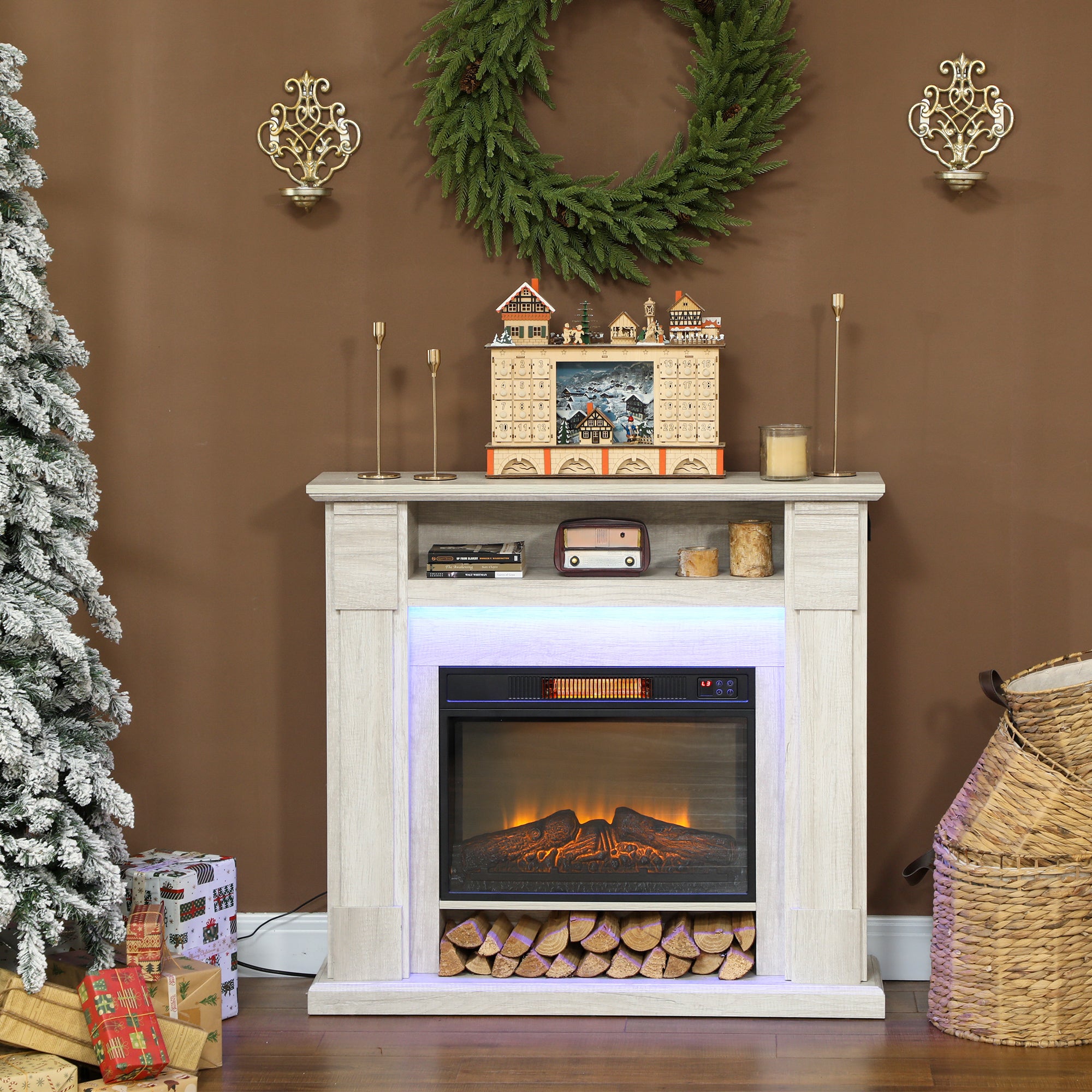 Camino Elettrico da Pavimento 105x27x97 cm 1800W Regolabile con Fiamma 3D Timer e Telecomando color Legno