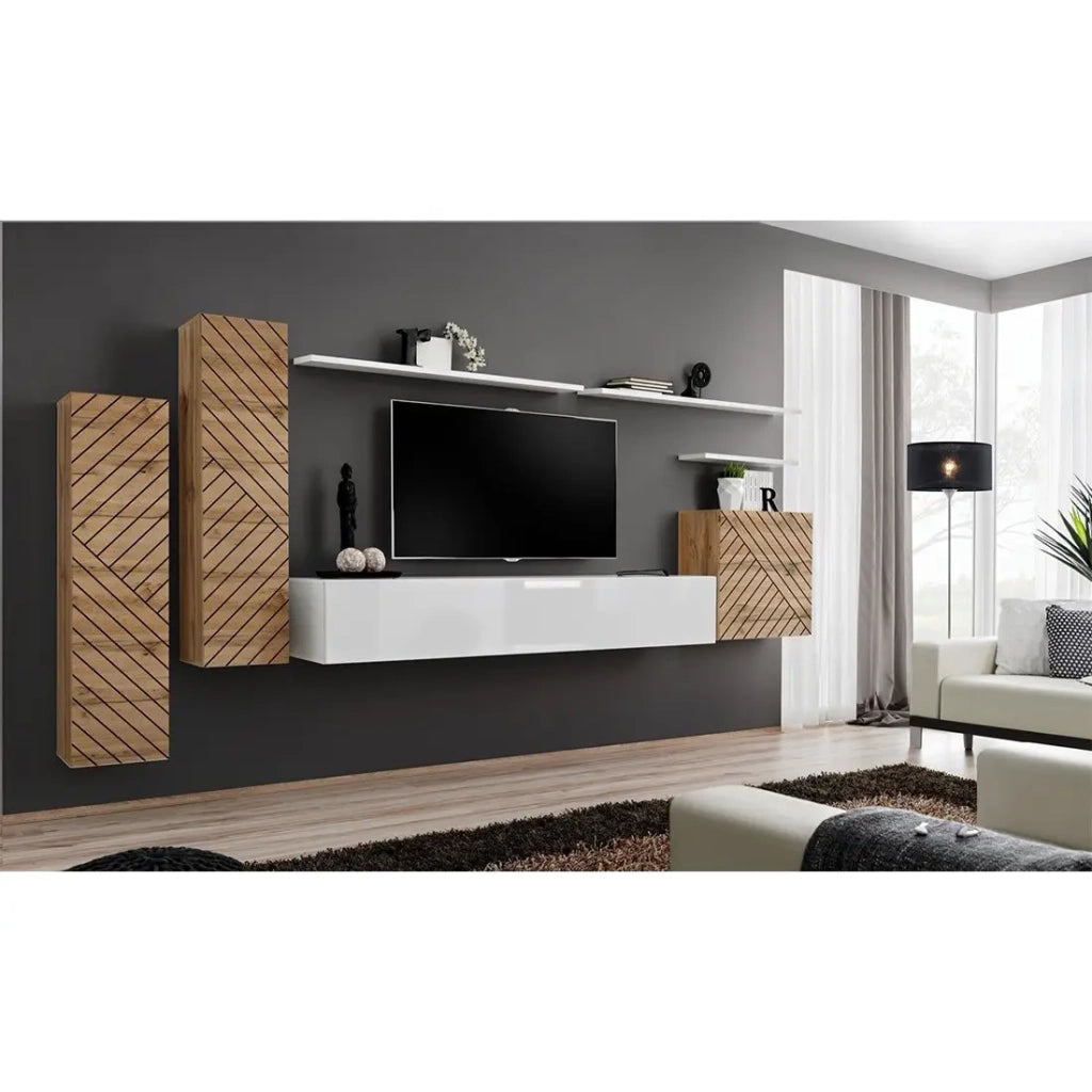Set mobile da salotto SWITCH I design, colore rovere Wotan e bianco. Finiture effetto rovere fresato.