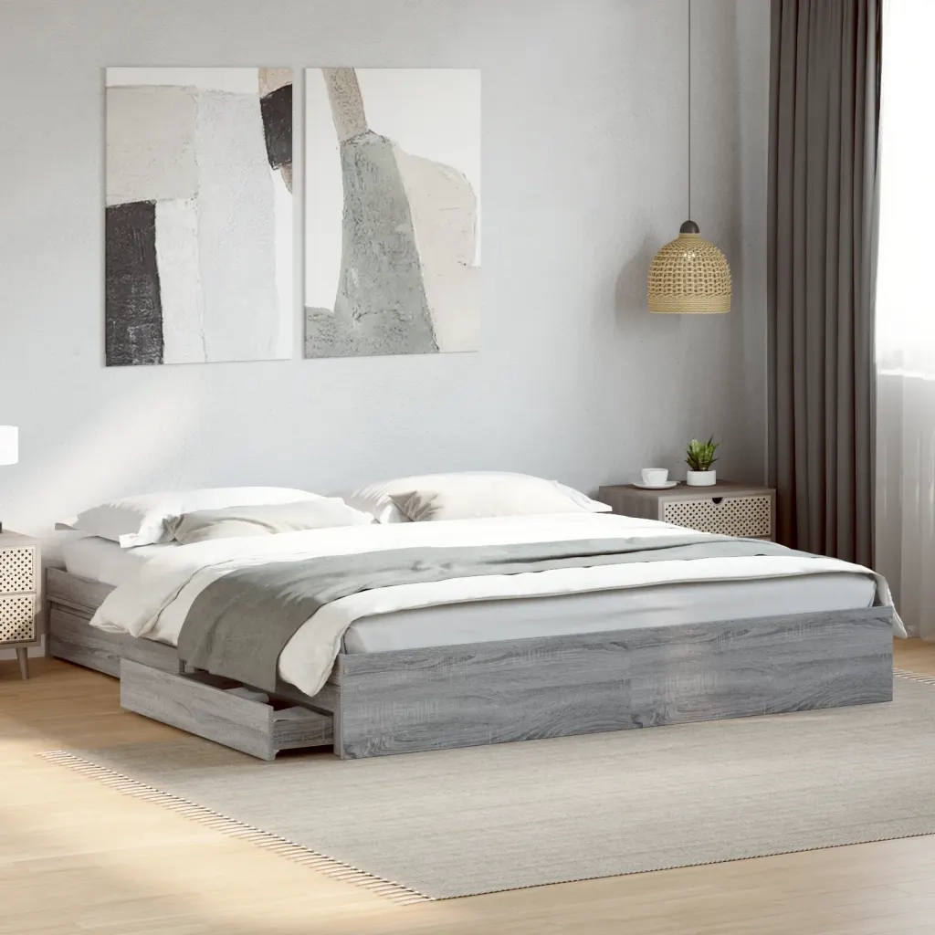 Letto matrimoniale | Letto per adulti | Giroletto Cassetti Grigio Sonoma 200x200 cm Legno Multistrato