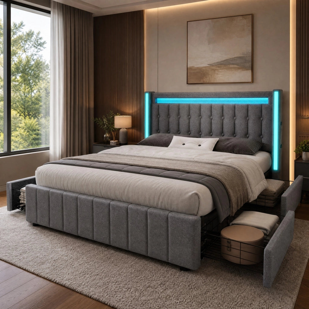 LETTO 140x200 cm Grigio in lino con funzione di ricarica e 4 cassetti
