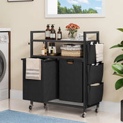 Organizzatore industriale per lavanderia con 2 pannelli, 2 borse estensibili e rimovibili, nero, telaio in acciaio, acciaio inox, per lavanderia, bagno, camera da letto, dormitorio
