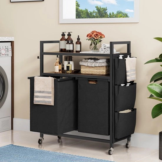 Organizzatore industriale per lavanderia con 2 pannelli, 2 borse estensibili e rimovibili, nero, telaio in acciaio, acciaio inox, per lavanderia, bagno, camera da letto, dormitorio