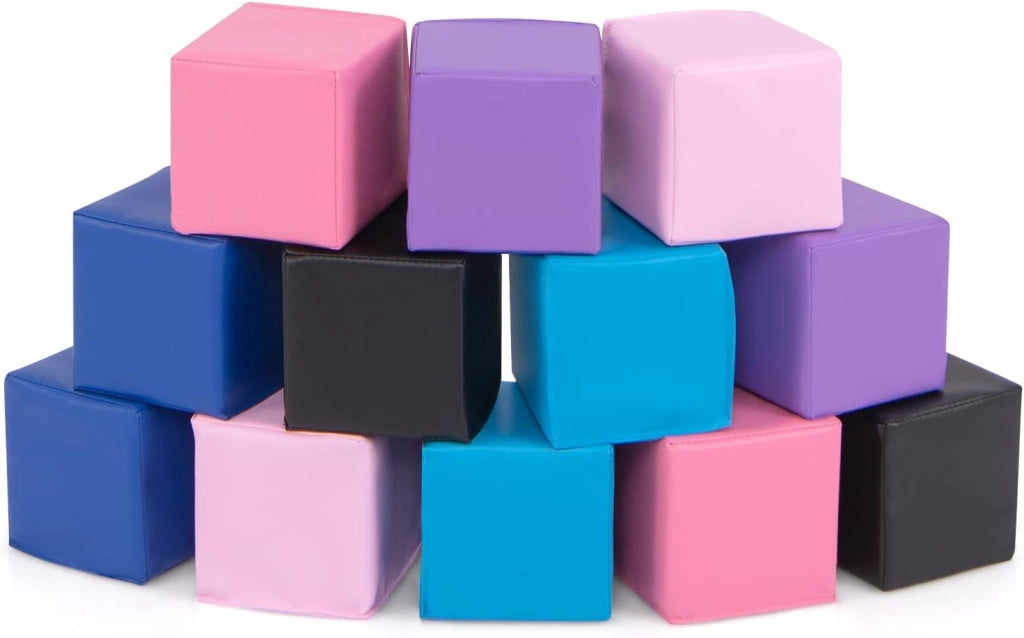 Set di 12 Blocchi da Costruzione in Schiuma EPE, Cubi Colorati 14 x 14 cm con Copertura in Finta Pelle Impermeabile, Blocchi Morbidi per Bambini per Impilare e Arrampicarsi (Rosa e Nero)