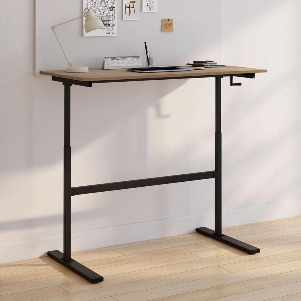 Scrivania JEANNE, diritta, sit/stand con manovella, altezza regolabile da 70 a 120 cm, legno di faggio e nero