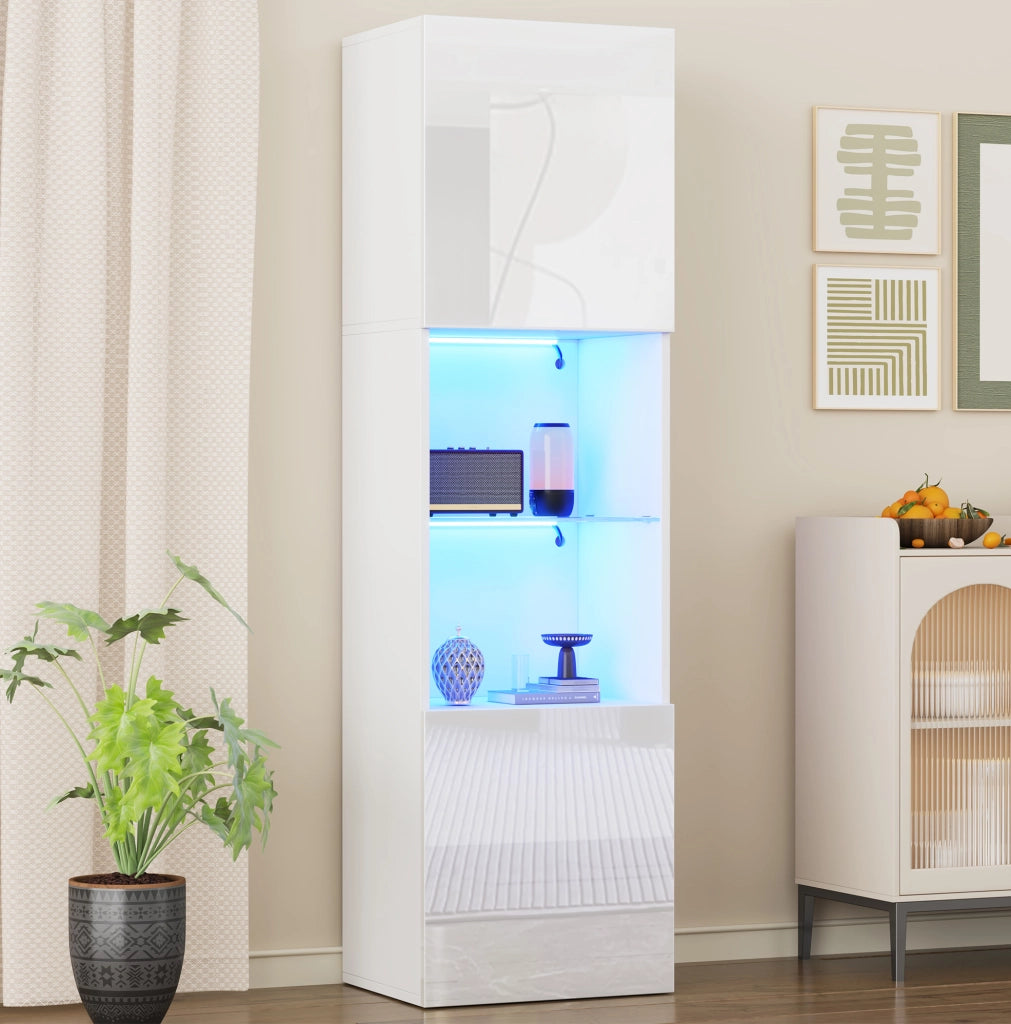 Vetrina 45x35x160 cm con illuminazione LED e 1 ripiano in vetro; truciolato bianco