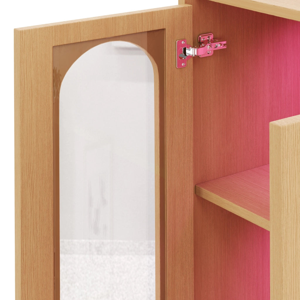 Libreria alta con 3 cassetti laterali; vetrina in vetro temperato e LED; 60×40×200 cm; MDF; rovere