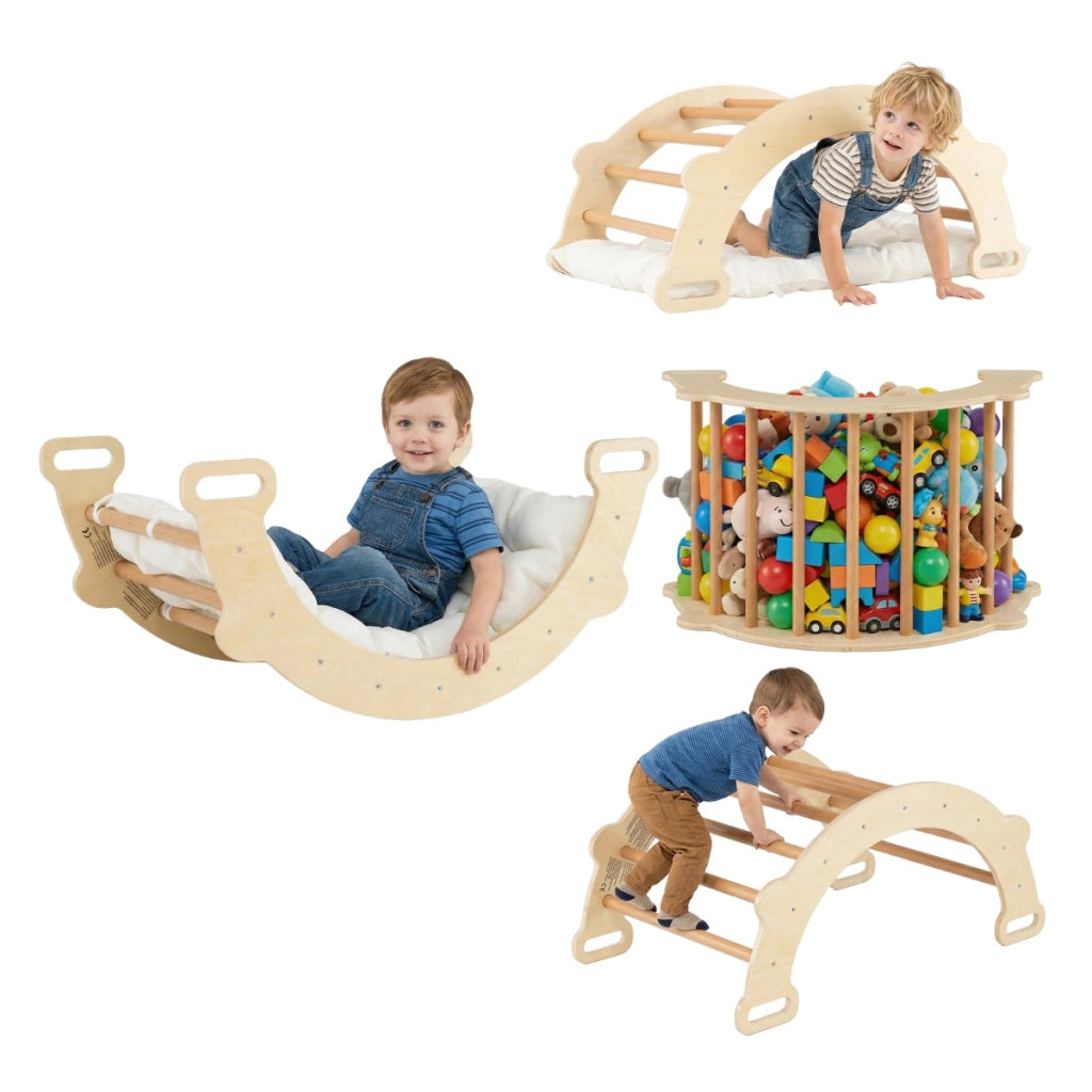Arco arrampicata per bambini con cuscino scala montessori 3-in-1 per arrampicata, Arco giocattolo in legno Legno naturale-Arrampicate e scivoli