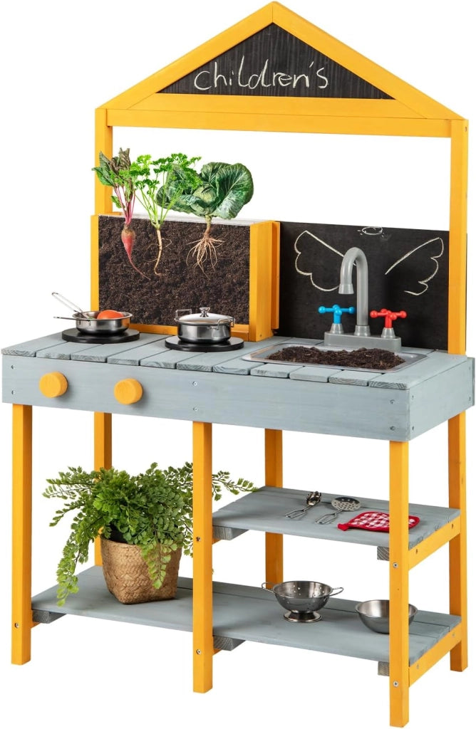 Cucina Giocattolo per Giardino con Vaso da Piantinaggio Trasparente, Rubinetto e Lavandino Rimovibile, Cucina in Legno di Abete per Bambini, Set Cucina con 8 Accessori (Blu e Arancio)