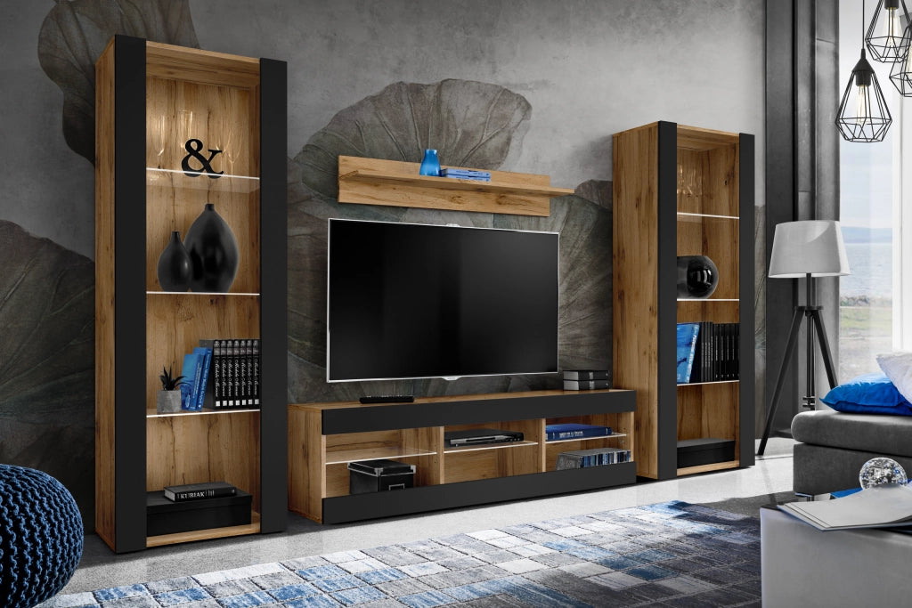 Set di mobili porta TV Tivoli Grande, Komodee, Wotan Nero, Senza LED, Larghezza 250 cm x Altezza 159 cm x Profondità 35 cm, Per soggiorno, Camera da letto