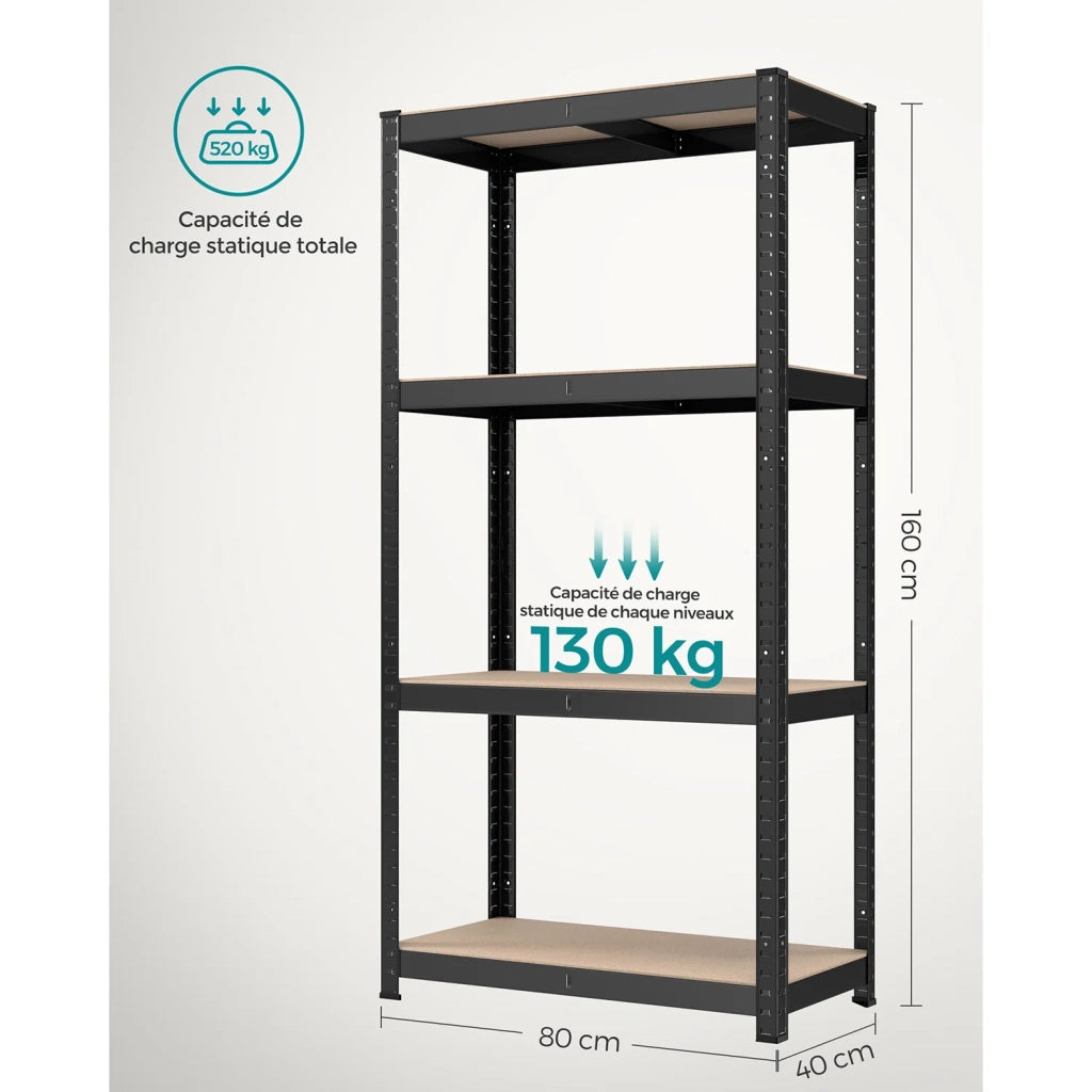 Scaffalatura per carichi pesanti a 4 ripiani unità di stoccaggio in acciaio scaffalatura per garage a montaggio rapido per cassette degli attrezzi capacità 520 kg 40 x 80 x 160 cm nero 12_0005562