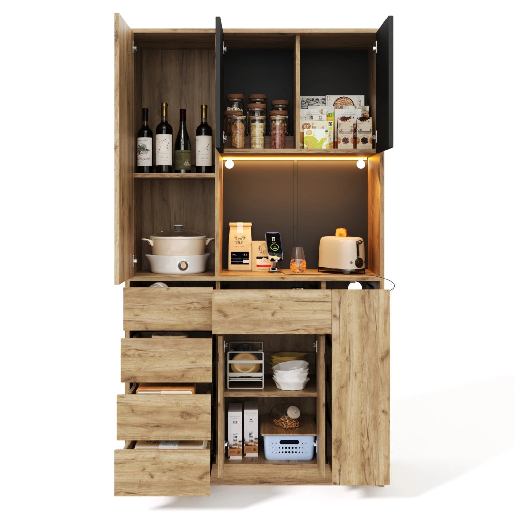 Buffet con LED e ripiani regolabili, 185x105x40 cm, con presa integrata e porta cavi laterale