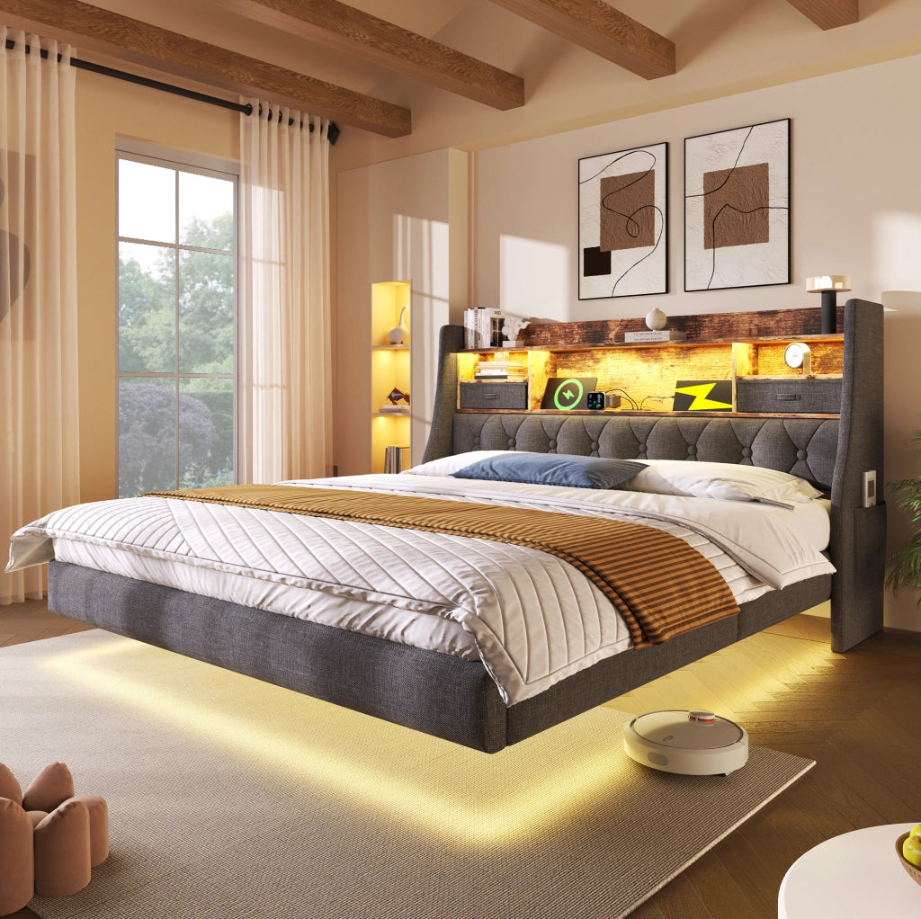 Letto matrimoniale 180x200 cm con LED; porta USB e USB C; testiera contenitore; lino grigio