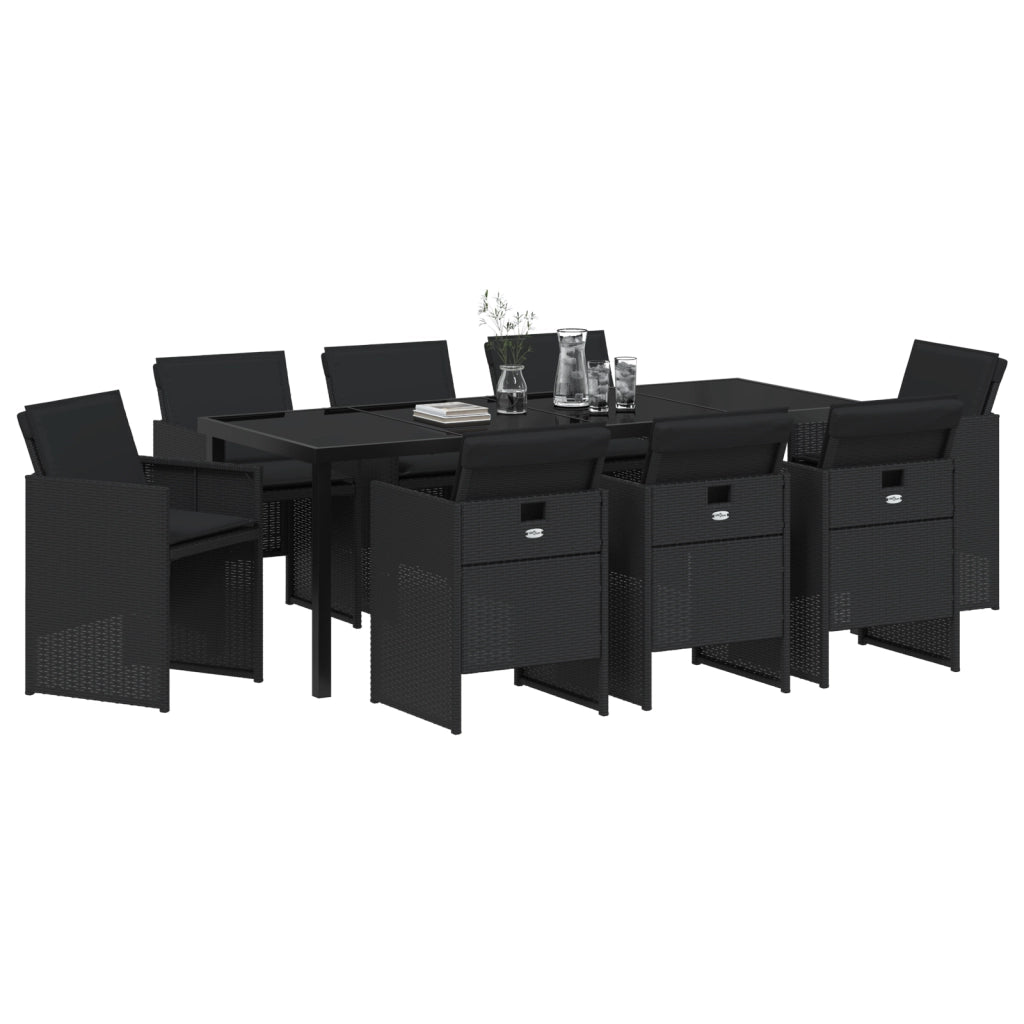 Set da Pranzo da Giardino 9 Pezzi con Cuscini - Rattan Poliestere Nero