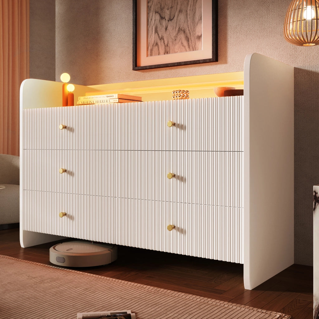 Credenza con LED - Zephmum- 120x40x75cm- Bianco- 6 cassetti design a onde