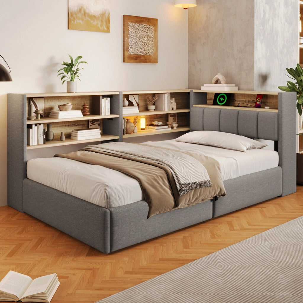 Letto Contenitore Singolo LEMONMAX 90x200 cm con Sollevamento Idraulico, LED APP, USB-A/USB-C e Modulo Laterale, Rete a Doghe, Velluto Grigio