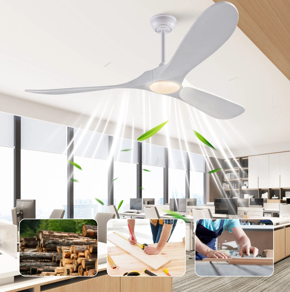 Ventilatore da soffitto 60" con LED dimmerabile; 3 pale in legno massello; bianco