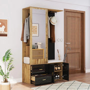 Armoire de chaussures ??l??gante - Xylo - Noir et bois avec miroir, banc et cintres