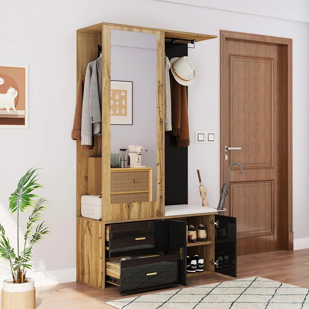 Armoire de chaussures ??l??gante - Xylo - Noir et bois avec miroir, banc et cintres