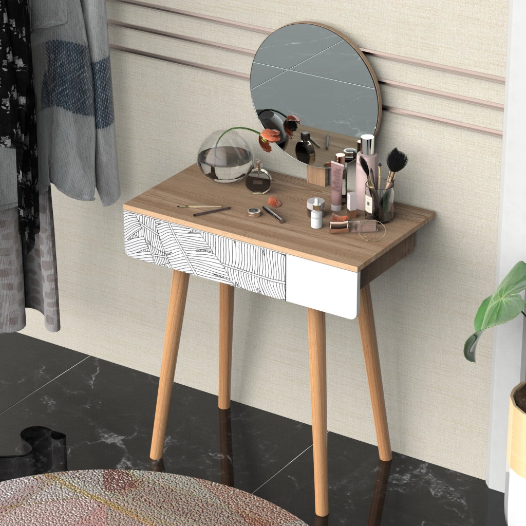 Tavolo Trucco Design Scandinavo con Cassetto e Specchio Grande ¨C zephmum ¨C 70x39x119-128 cm