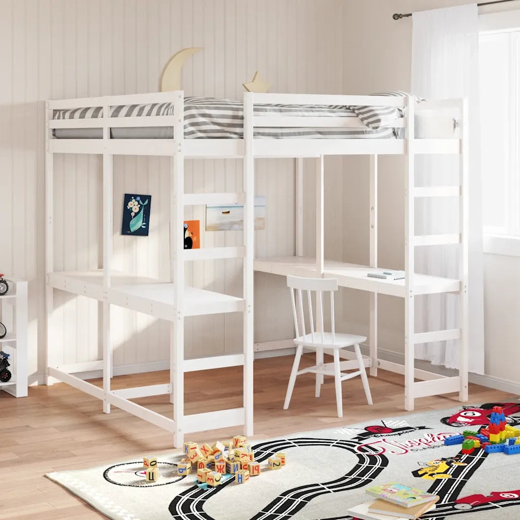 vidaXL Letto Soppalco Scrivania e Scala Bianco 160x200cm Massello Pino