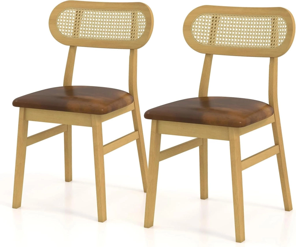 Set di 2 sedie da pranzo, sedie da cucina in similpelle con seduta imbottita, schienale in rattan PE, telaio in legno di gomma, sedia senza braccio per sala da pranzo, soggiorno (marrone