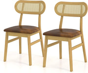 Set di 2 sedie da pranzo, sedie da cucina in similpelle con seduta imbottita, schienale in rattan PE, telaio in legno di gomma, sedia senza braccio per sala da pranzo, soggiorno (marrone