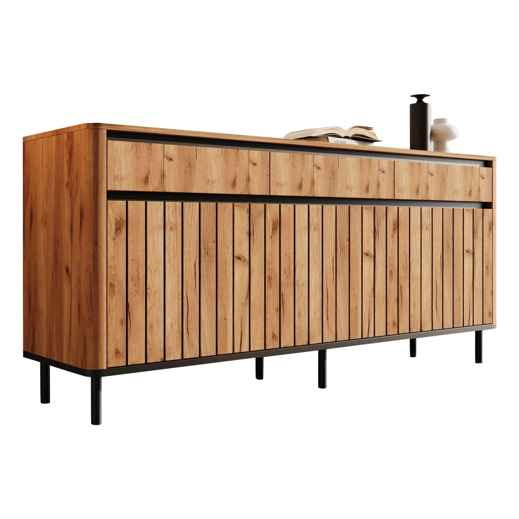 Sideboard moderno 160¡Á40¡Á73 cm in MDF con 3 cassetti e 3 ante a lamelle, 6 piedini in metallo, finitura effetto legno naturale, portata 30 kg