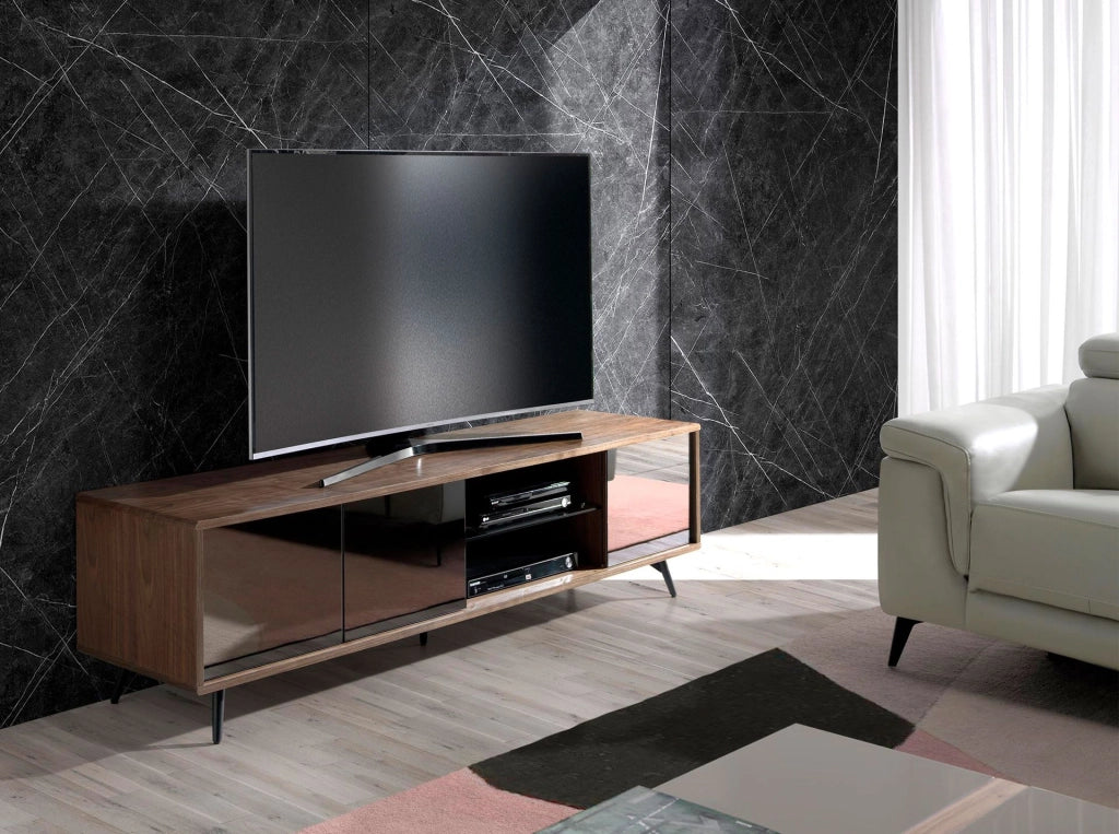 Mobile TV in vetro nero effetto specchio, noce e acciaio nero