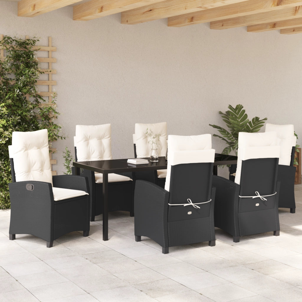 Set da Pranzo da Giardino 7 Pezzi con Cuscini Nero Polyrattan