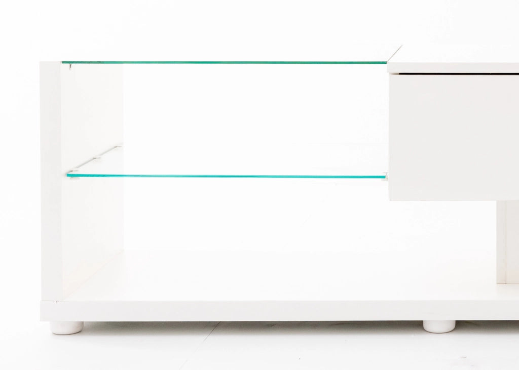 Mobile porta TV con 2 cassetti, 2 ripiani in vetro, LED variabile, bianco lucido, 170 × 36 × 38 cm