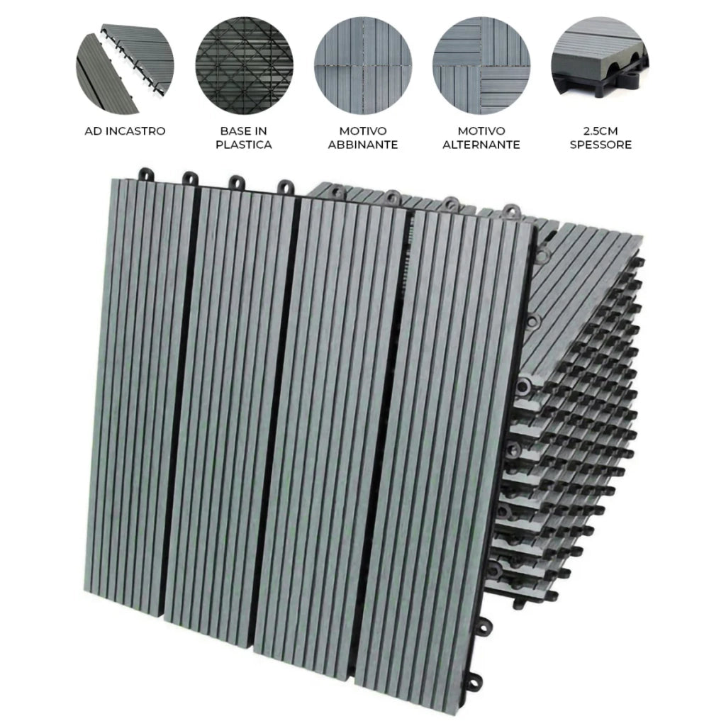 33 x Piastrelle da Giardino in WPC Legno Composito 30x30 cm 3 mq Spesse 2.5 cm