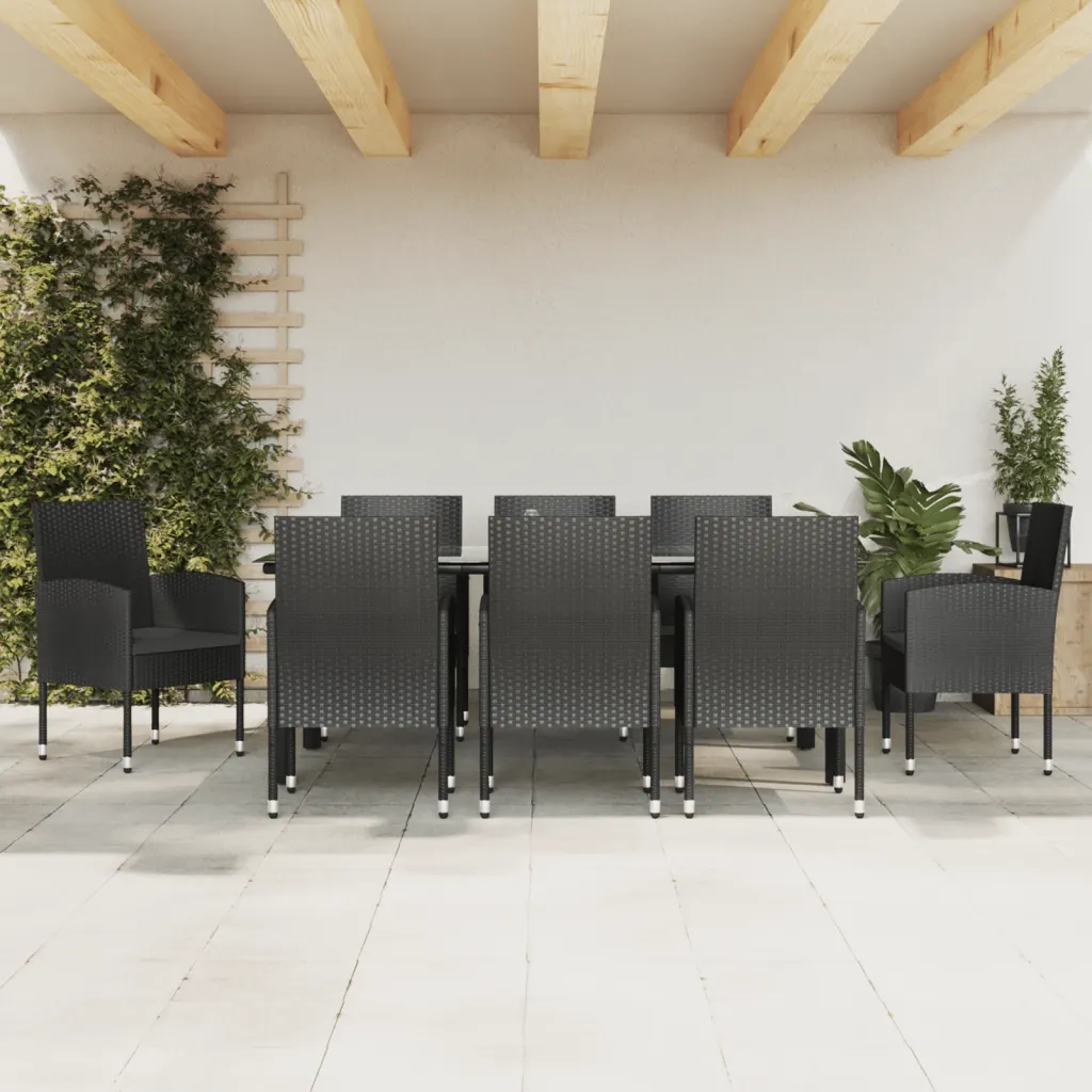 Set da Pranzo da Giardino 9 pz Nero in Polyrattan e Acciaio 3203351
