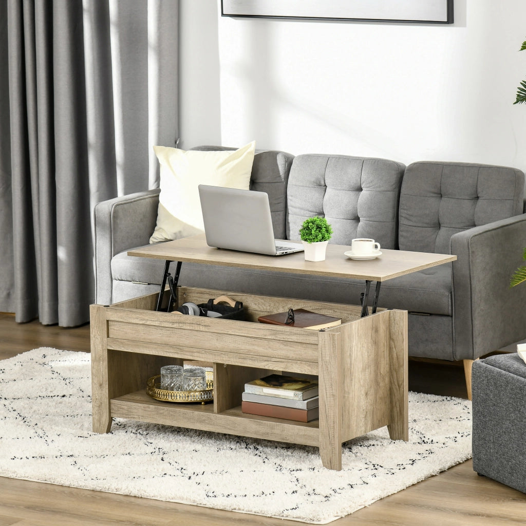 Tavolino da salotto con ripiano sollevabile e ripiani nascosti ¨C zephmum ¨C effetto quercia chiaro 105x50x49-62.5 cm
