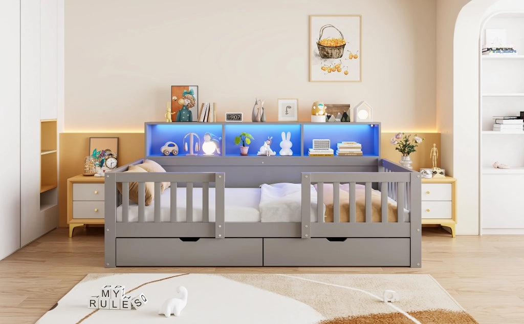 Letto per bambini 90 × 200 cm con barriera di sicurezza, 2 cassetti, ripiani e LED, senza materasso, grigio