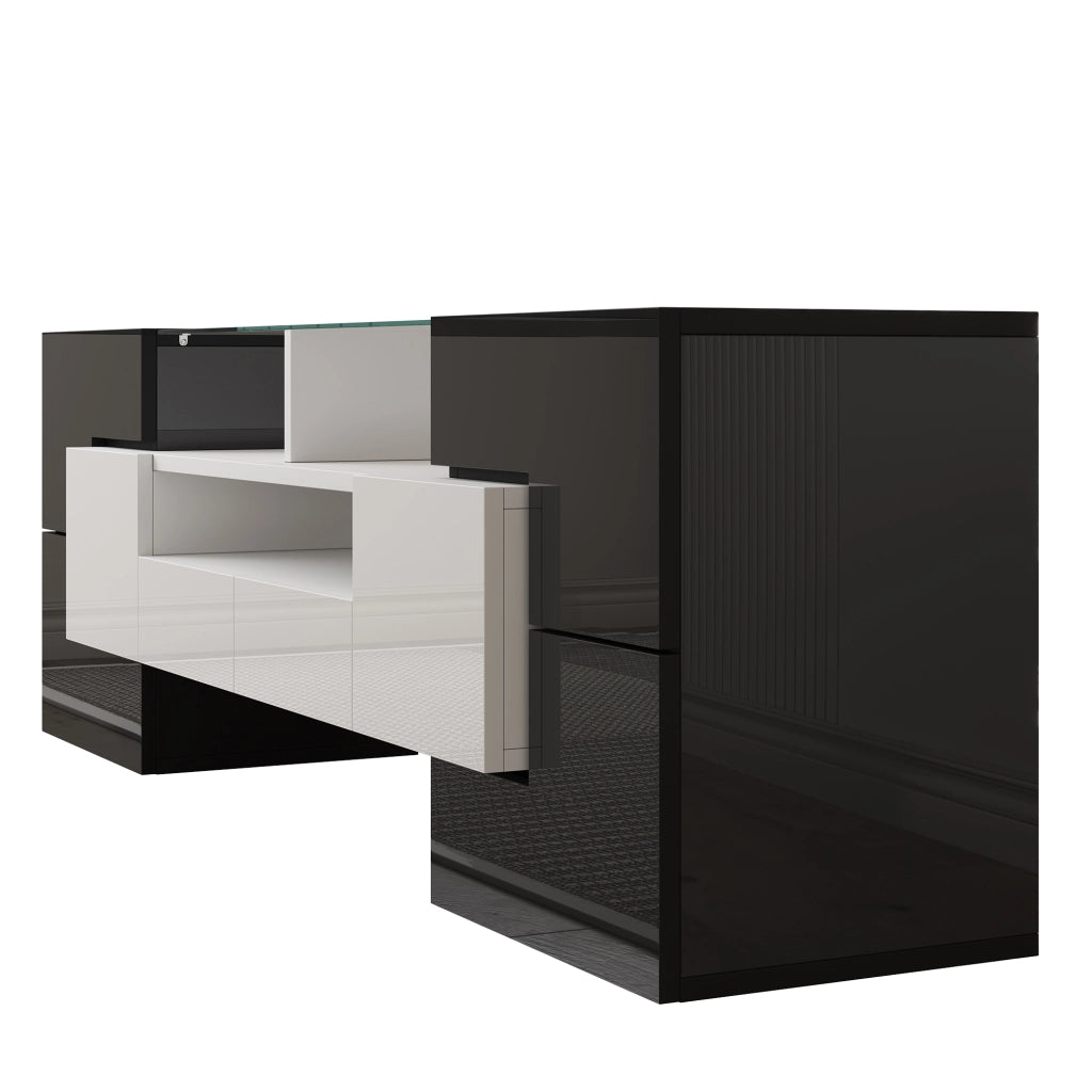 Mobile TV con 6 Ante; 2 Cassetti e LED Multicolore; Finitura Lucida Moderna; 145??30??51 cm; in Truciolare; Bianco e Nero