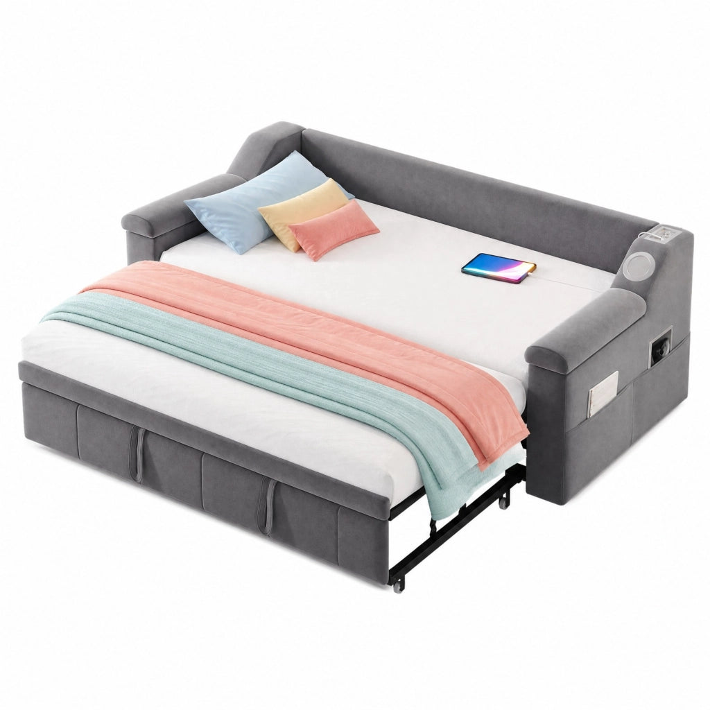 Divano letto imbottito con estensione idraulica 90/180x190 cm; velluto grigio; con Bluetooth e USB