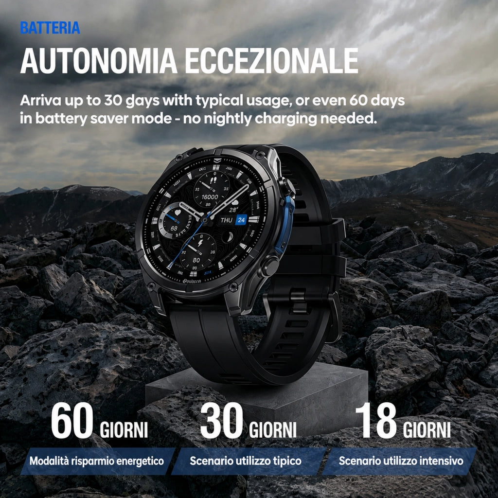 Smartwatch Orologio Intelligente con schermo AMOLED da 1;43 pollici; impermeabile 5ATM IP69K; monitoraggio della frequenza cardiaca; SpO2; sonno e attività sportiva
