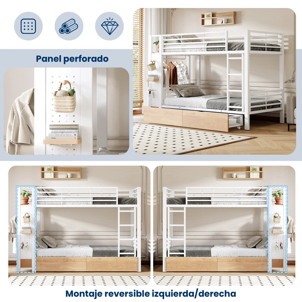 Letto a castello 90 × 200 cm con 2 cassetti, LED e appendiabiti, senza materasso, in MDF e metallo, bianco