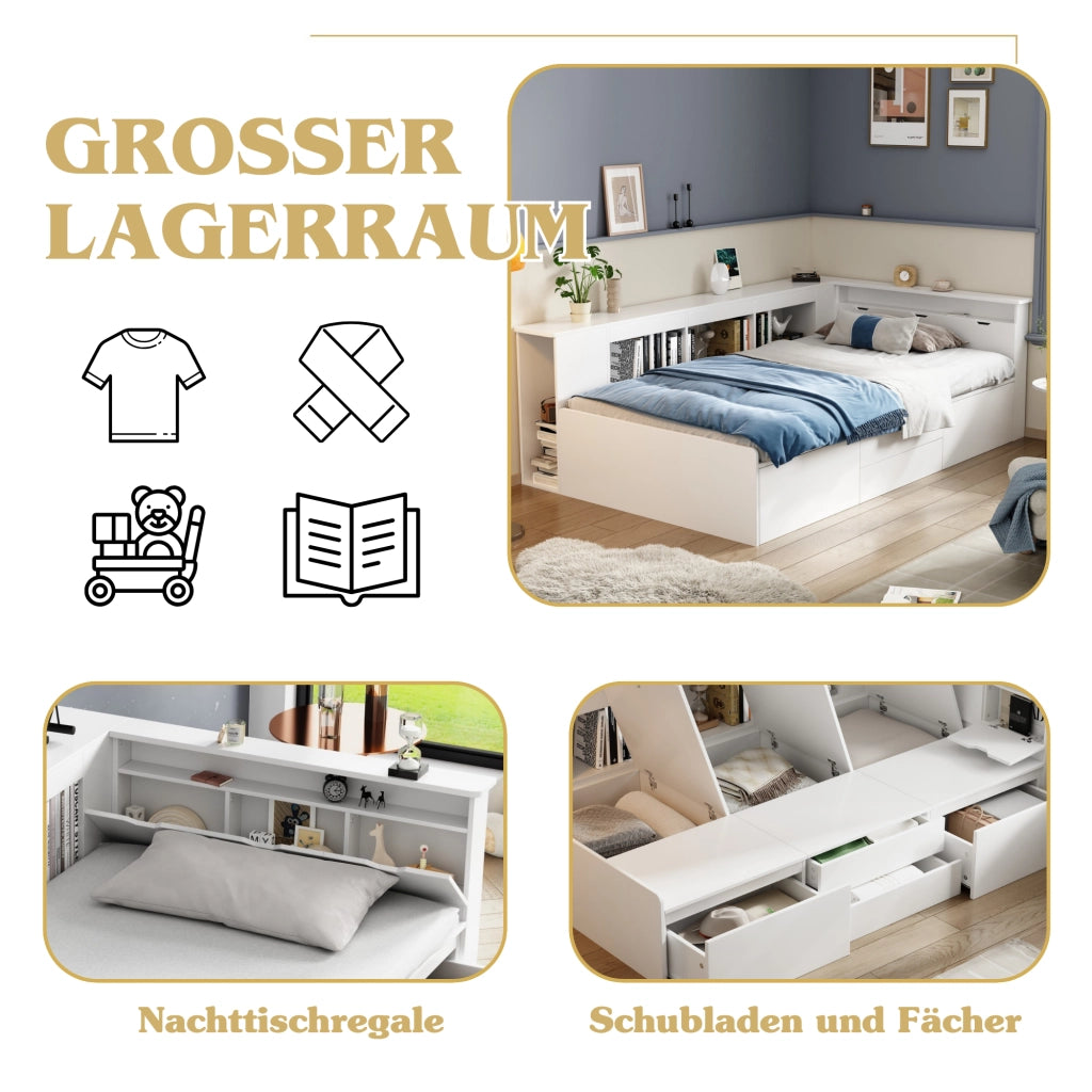 OKWISH Letto Bambino 90×200 cm, Letto Singolo con 4 Cassetti, Libreria e Armadietti Contenitore, senza Materasso, in MDF, Bianco