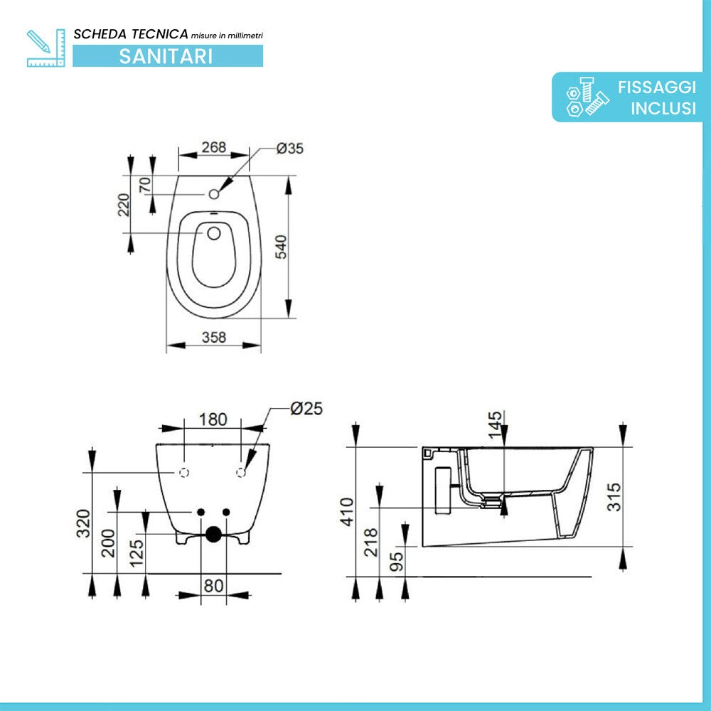 Sanitari sospesi bianco lucido con scarico rimless e copriwc Demy Dolomite