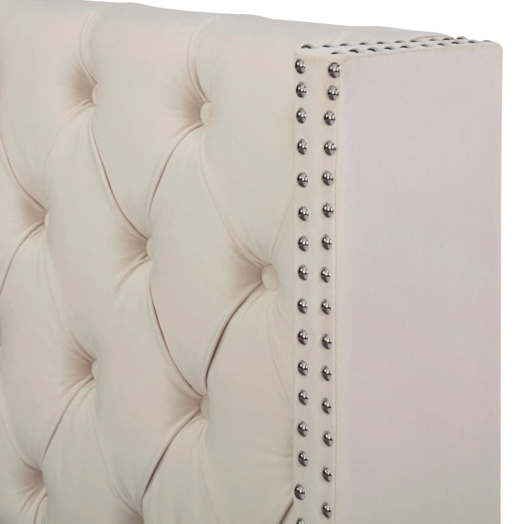 Letto matrimoniale imbottito stile Chesterfield 140x200 cm in velluto beige con contenitore