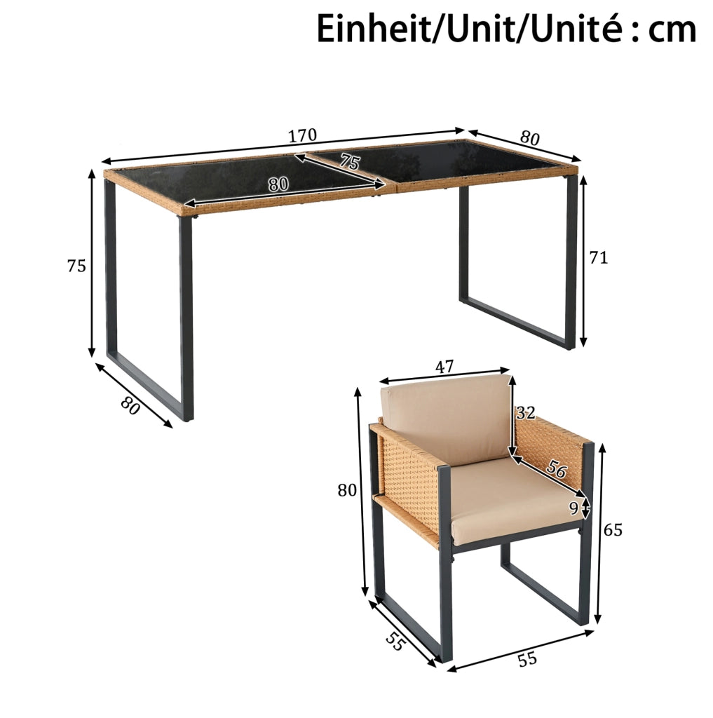 Set da pranzo da esterno in rattan PE con tavolo in vetro temperato e 6 sedie; nero e marrone